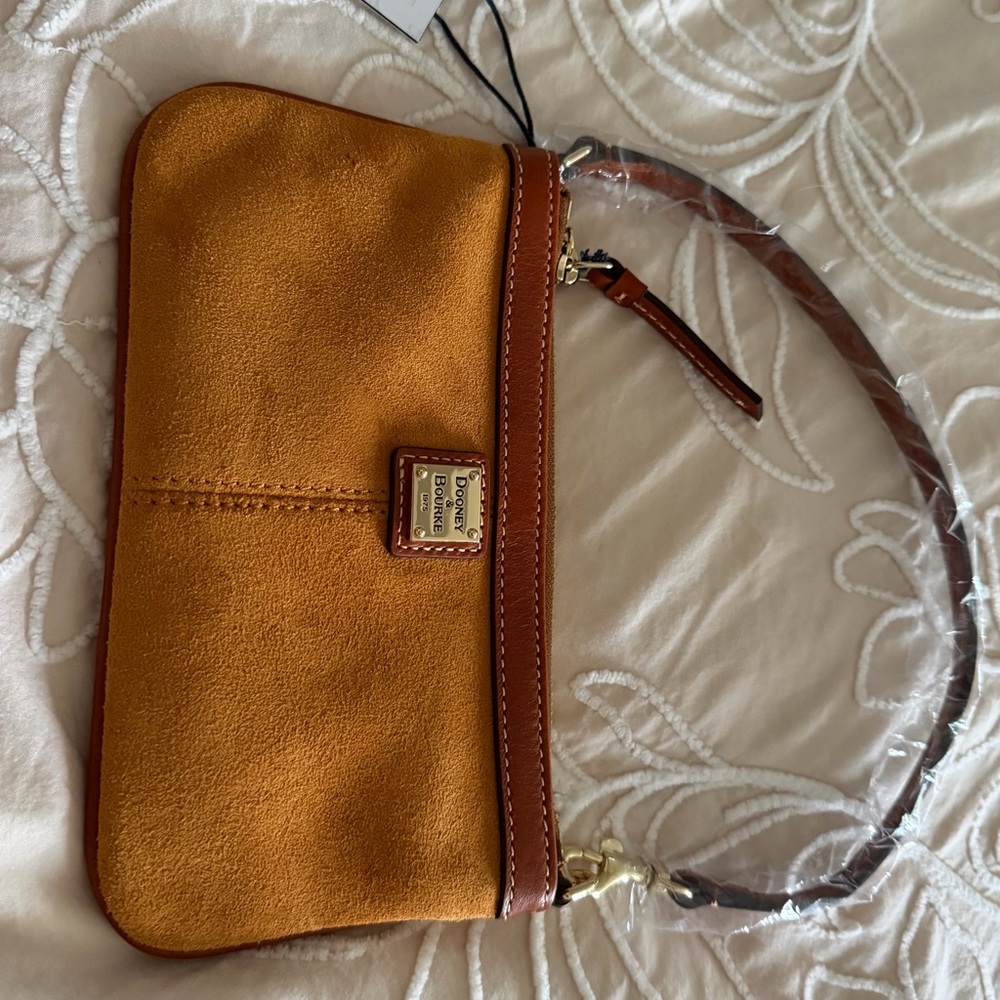 Dooney & Bourke Tan Suede Wristlet with Brown Trim NWT